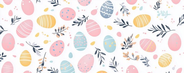 Colorful Easter eggs pattern with floral elements for festive designs, copy space for text