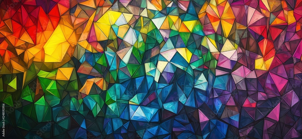 Poster colorful geometric abstract background with vibrant triangular patterns and textures, copy space for