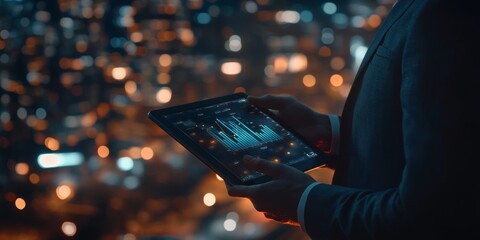 Businessman Analyzing Upward Trending Graph on Digital Tablet, Cityscape Backdrop, Vector Art