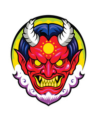 Render a terrifying ancient demon, crimson-skinned, with gnarled horns, sharp teeth, and glowing red eyes.  Depict immense power and malice.