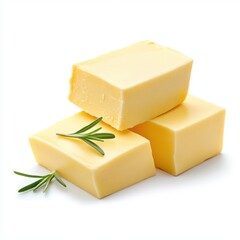 Fresh Yellow Butter Blocks with Rosemary Garnish on Bright White Background for Culinary Use and Food Photography