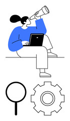 Woman holding telescope and laptop, accompanied by magnifying glass and gear shape. Ideal for exploration, innovation, productivity, research, mechanics, problem-solving, abstract line flat metaphor