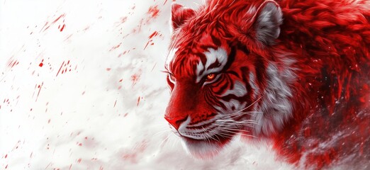 Red tiger portrait with dramatic background and intense gaze showcasing fierce beauty, copy space for text
