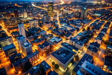 Obraz premium A vibrant cityscape illuminated at night, showcasing a network of streets, buildings, and warm lights, creating a captivating urban atmosphere.