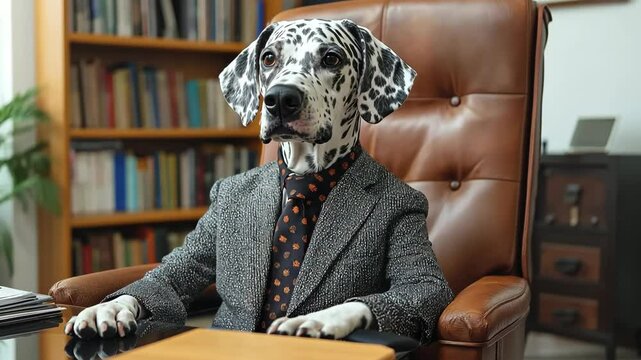 Dalmatian dog is sitting in a chair and wearing a suit and tie. The dog is looking at the camera with a serious expression. Concept of professionalism and formality