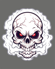 Render a terrifying skull, intricately detailed, with intensely glowing red eyes, surrounded by an ominous, dark aura.