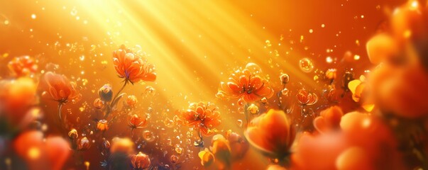 Vibrant orange flowers illuminated by sunlight with sparkling bubbles in background, copy space for text