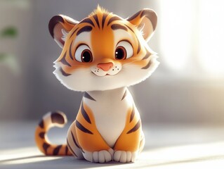 Cute animated tiger cub sitting in a sunlit room with a playful expression