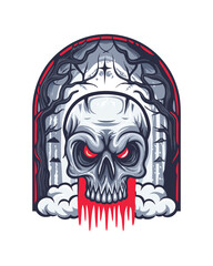 A terrifying, detailed skull with intensely glowing red eyes, surrounded by ominous shadows and dark, swirling energy.  Render in high detail.