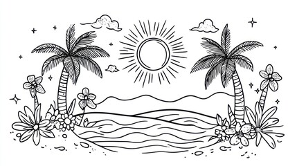 Tropical beach sunrise, palm trees, flowers. Coloring page
