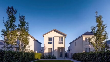  Real-life image of a modern residential house with a clean, contemporary design, spacious garden, and welcoming entrance.