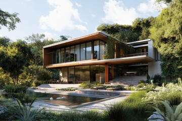 Fototapeta premium Sustainable modern home featuring innovative rainwater harvesting and generative AI