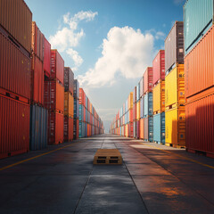 Fototapeta premium Cargo containers stacked at a port with a freight ship in the background