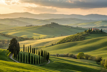 Obraz premium A serene landscape featuring rolling green hills, cypress trees, and a picturesque sunset illuminating the tranquil Tuscan countryside.