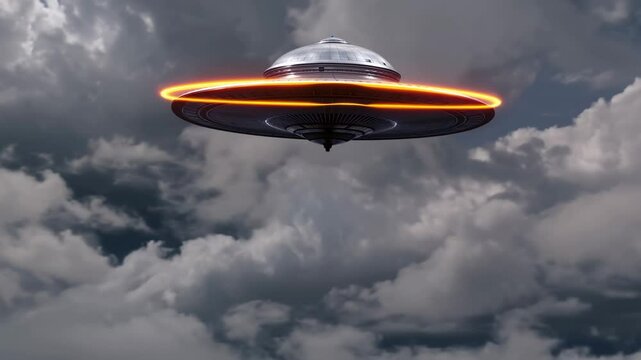 Aliens UFO flying on cloudy sky - Extraterrestrial visit, space travel and civilization concept - Model by AI generative