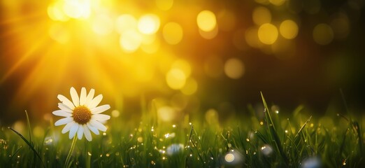 Daisy flower in sunlight with bokeh effect and dewdrops on grass, copy space for text