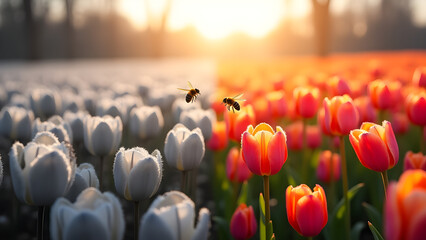 A mesmerizing tulip field at sunrise, transitioning from monochrome to vivid colors, with bees in flight. 