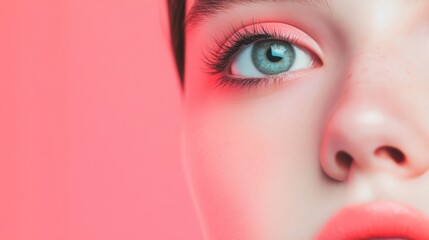 close-up of a person's face with pink lighting.