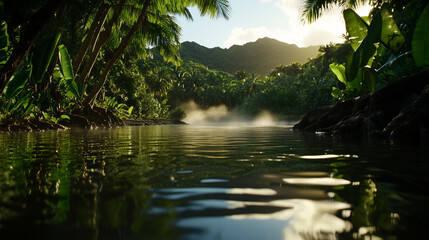 Fototapeta premium Misty River at Dawn with Lush Tropical Vegetation and Rising Sun
