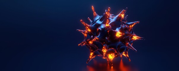 Abstract glowing spiky sphere with vibrant orange and blue colors in 3D rendering, copy space for text