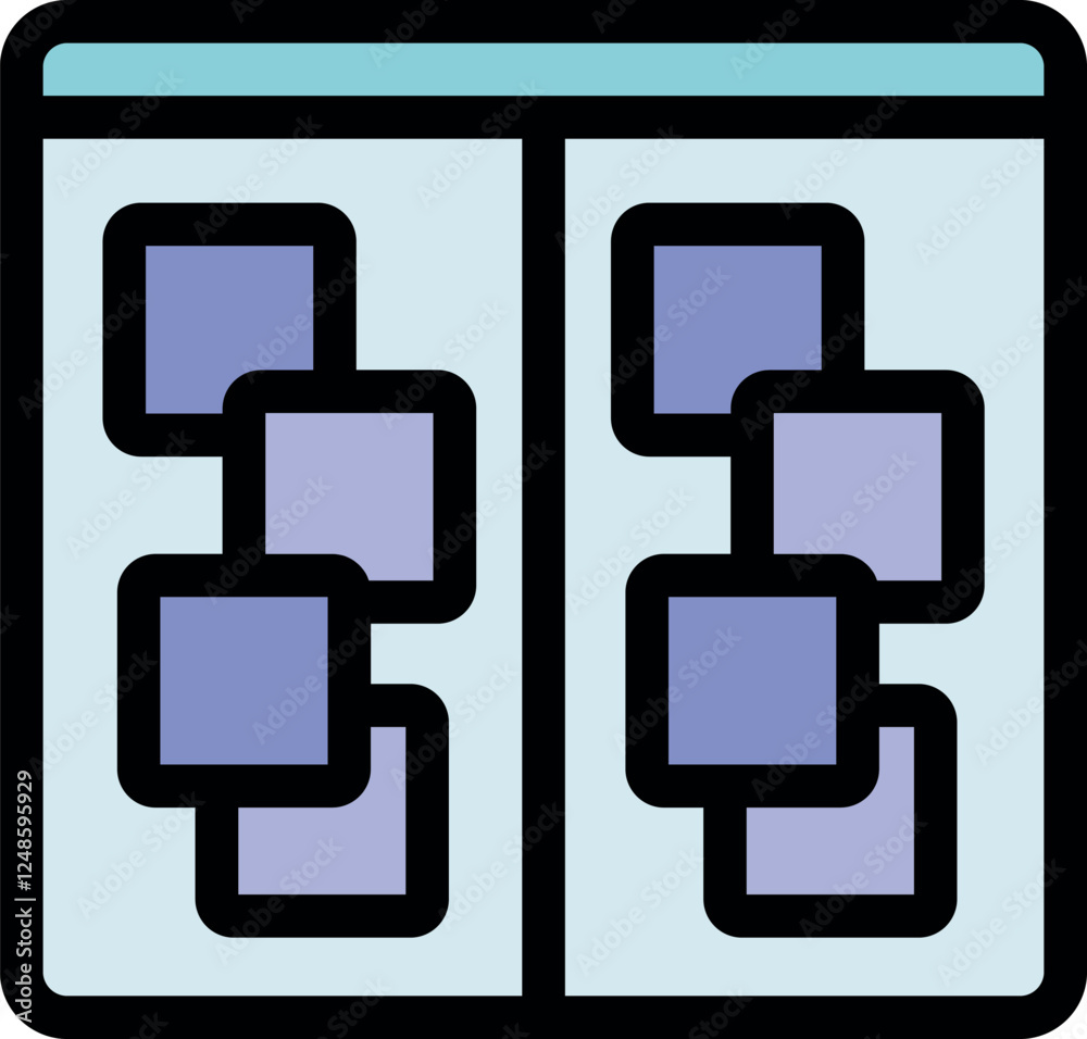 Poster visualizing data relationships and dependencies using linked blocks across dual windows, highlightin