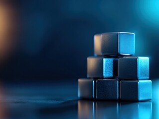 Metal Cubes Stacked, Blue Background, Growth Concept