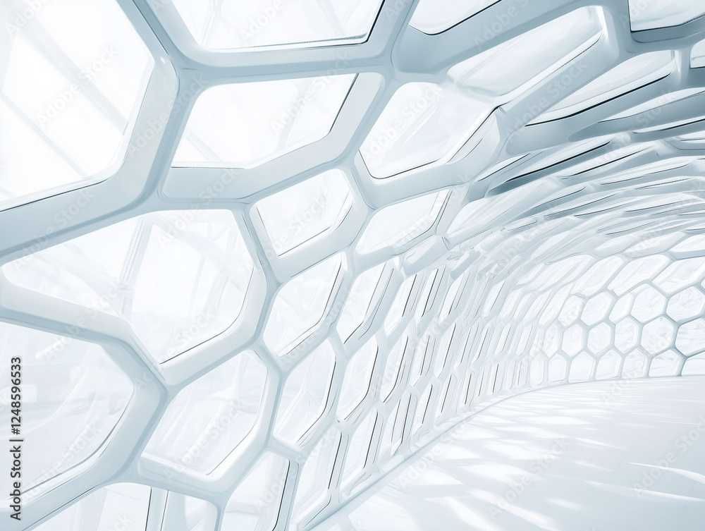 Poster light and bright minimalist hexagonal geometric grid pattern with dynamic waving motion on a clean p