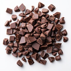 Fototapeta premium Assorted Dark Chocolate Chunks and Chips Piled Together on White Background for Baking and Cooking Uses