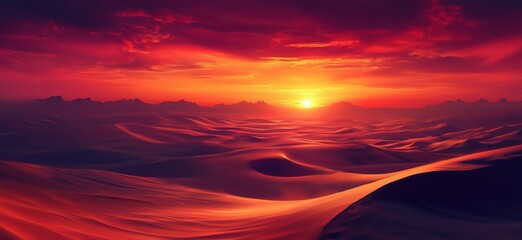 Obraz premium Stunning sunset over vast desert landscape with dramatic clouds and vibrant colors, copy space for text