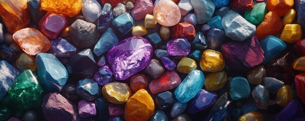 Colorful assortment of gemstones and crystals showcasing vibrant hues and textures, copy space for text