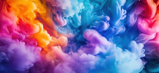 Colorful abstract smoke background with vibrant hues of blue, pink, orange, and purple, copy space for text
