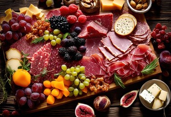 exquisite close display luxurious meat cheese board varied presentation elements featuring fresh produce artisan products, charcuterie, platter, luxury
