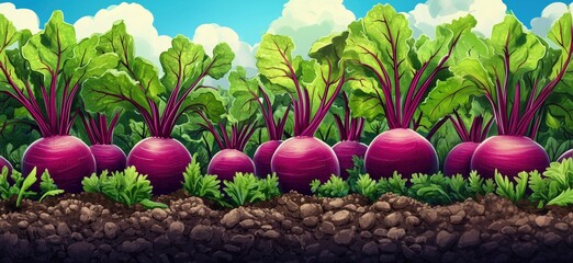 Vibrant beetroot garden with lush green leaves and rich soil under blue sky, copy space for text