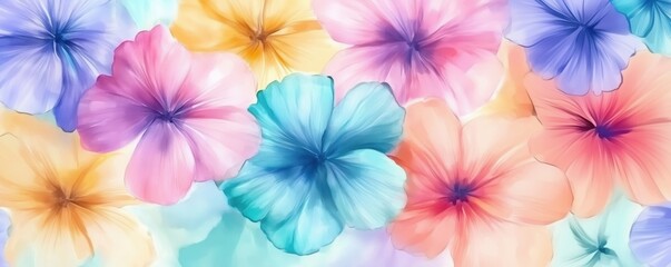 Obraz premium Colorful floral pattern with soft pastel hibiscus flowers in various shades, copy space for text