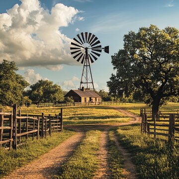 A serene rural landscape with rolling green fields, a wooden fence, and a peaceful farmhouse under a bright blue sky with soft clouds.


