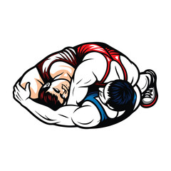 Intense close-up shot of two muscular wrestlers in singlets grappling during a competitive match, showcasing powerful athleticism and strained expressions.