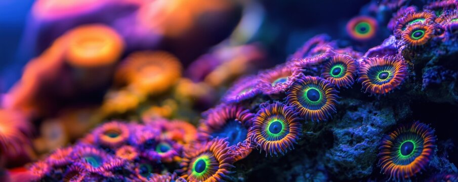 Vibrant coral reef with colorful zoanthids and marine life in aquarium setting, copy space for text