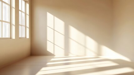 Close-up of an Empty Room with Light Colored Walls and Bright Sunlight Streaming Through the Windows Creating Soft Shadows on the Floor