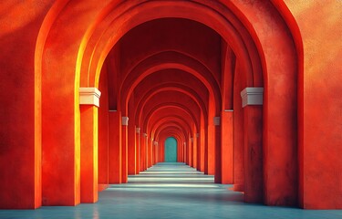 Fototapeta premium Vibrant Orange Arches Leading Through a Minimalist Corridor with Soft Lighting