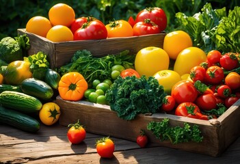 colorful close fresh farm produce vibrant display variety fruits vegetables rustic tabletop, nature, harvest, organic, healthy, green, yellow, red, seasonal