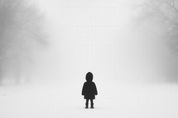 Obraz premium a hooded figure stands alone in a foggy winter landscape