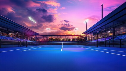 Sunset Tennis Court: Night Game Prep, Blue Court, Stadium Lights Gleam, Spectators Arrive, Evening Match Begins