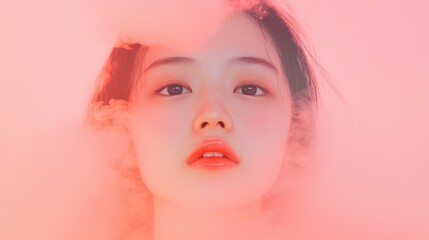 portrait of a woman surrounded by pink smoke