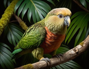 Obraz premium A brilliant green parrot nestled among the dense leaves of the rainforest.
