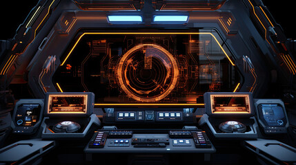 Futuristic spaceship interior with glowing orange control panel and digital interface