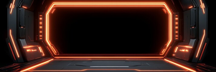Obraz premium Futuristic Orange Neon Sci-Fi Spaceship Corridor Entrance, Cyberpunk Digital Tunnel Background