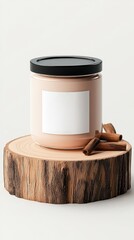 A candle on a wooden slice, showcasing a minimalist design and a blank label for customization