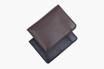 Genuine leather fashionable black wallet for men's isolated on a white background. A professional and stylish look. top view of black leather wallet. banknotes and put card inside the wallet
