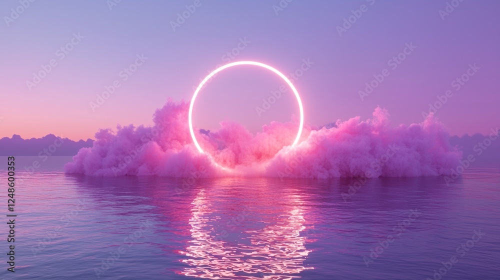 Poster a pink cloud hovers gracefully on calm waters, illuminated by an oval neon light frame above it. the
