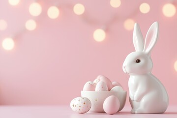 Obraz premium Cute easter bunny with decorated eggs on a soft pink background with glowing lights. Background for Easter greeting banner
